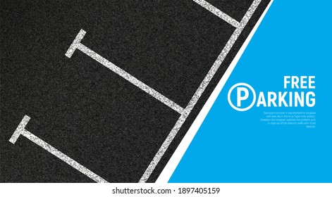 Free car parking vector illustration. Empty asphalt texture with parking lines row and abstract text on blue background. EPS 10