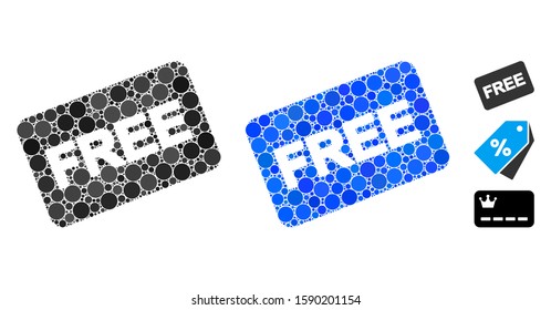 Free card composition of round dots in different sizes and color hues, based on free card icon. Vector round dots are united into blue mosaic. Dotted free card icon in usual and blue versions.