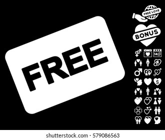Free Card icon with bonus passion images. Vector illustration style is flat iconic white symbols on black background.