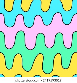 Free cartoon style line drawing hand drawn waves scribble vector seamless pattern. Bright modern design. Multicolored line comic strip seamless pattern.