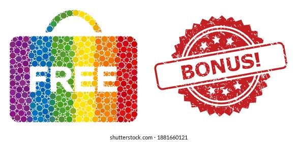 Free case collage icon of round dots in different sizes and LGBT multicolored color tinges, and Bonus Exclamation corroded rosette stamp seal. A dotted LGBT-colored Free case for lesbians, gays