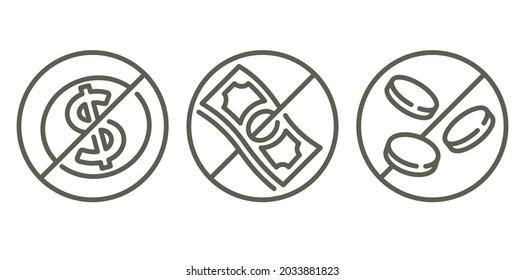 Free of charge icon, gratis, unpaid service or product - strikethrough money bank note and coin - isolated thin line pictogram
