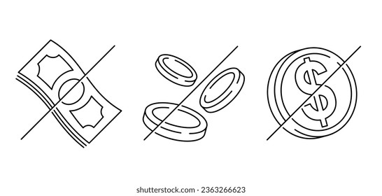 Free of charge icon, gratis, unpaid service or product - strikethrough money, bank note and coin - isolated thin line pictogram