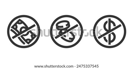 Free of charge icon, gratis, unpaid service or product - strikethrough money, bank note and coin - pictograms in bold line