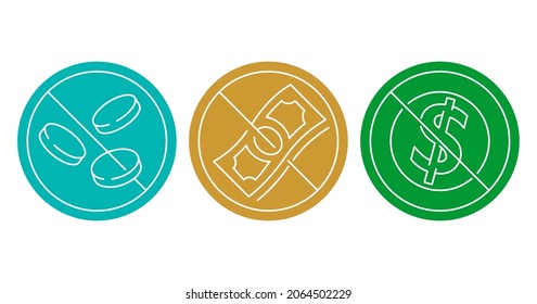 Free of charge icons set, gratis, unpaid service or product - strikethrough money bank note and coin - isolated thin line pictogram