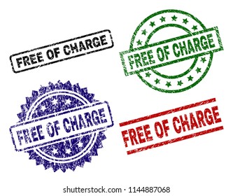 FREE OF CHARGE seal stamps with corroded surface. Black, green,red,blue vector rubber prints of FREE OF CHARGE title with corroded style. Rubber seals with circle, rectangle, rosette shapes.