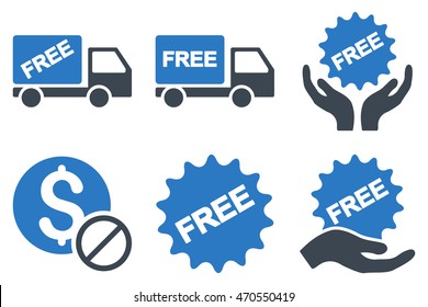 Free of Charge vector icons. Icon style is bicolor smooth blue flat symbols with rounded angles on a white background.