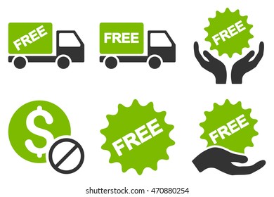 Free of Charge vector icons. Pictogram style is bicolor eco green and gray flat icons with rounded angles on a white background.