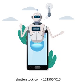 Free Chat Bot, Robot Virtual Assistance On Smartphone Say Hello Element Of Website Or Mobile Applications, Artificial Intelligence Concept Cartoon Vector Illustration
