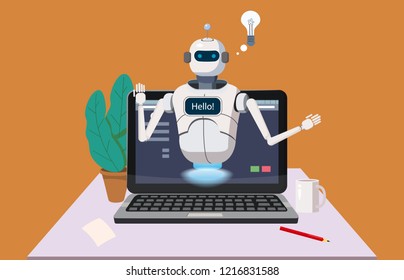 Free Chat Bot, Robot Virtual Assistance On Laptop Say Hello Element Of Website Or Mobile Applications, Artificial Intelligence Concept Cartoon Vector Illustration Office Background