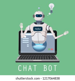 Free Chat Bot, Robot Virtual Assistance On Laptop Say Hello Element Of Website Or Mobile Applications, Artificial Intelligence Concept Cartoon Vector Illustration