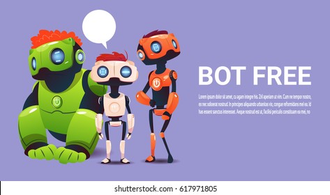 Bot de bate-papo gratuito, elemento de assistência virtual de robô de site ou aplicativos móveis, ilustração vetorial plana de conceito de inteligência artificial