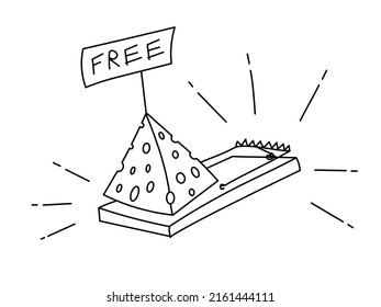 Free cheese in a mousetrap. Doodle drawing