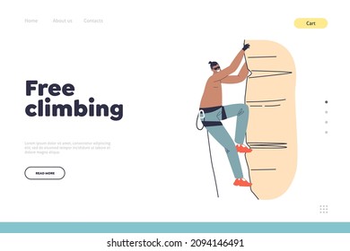 Free climbing concept of landing page with man climb rock, wall or mountain cliff. Male climber athlete hang on ropes. Extreme sport and outdoor activity. Cartoon flat vector illustration