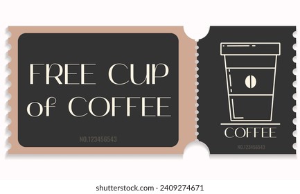 Free coffee cup voucher template.Gift voucher coupon coffee cafe.Hot beverage for free.Promotion,happy hour,opening concept with number and place.Vector illustration EPS 10.