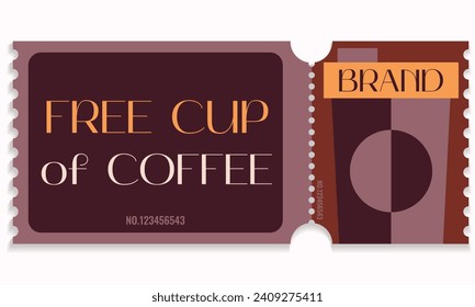 Free coffee cup voucher template.Gift voucher coupon coffee cafe.Hot beverage for free.Promotion,happy hour,opening concept with number and place.Vector illustration EPS 10.