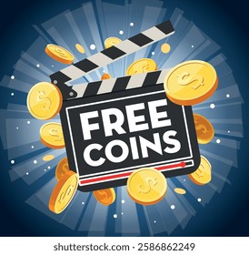 Free Coins Clapperboard. Movie and Finance Concept with Gold Coins