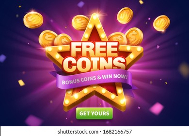 Free coins pop up ads with golden coins flying out from star shape marquee light board for publicity, glittering purple background and green button