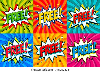 Free - Comic book style stickers. Free banners in pop art comic style. Color summer banners in pop art style Ideal for web. Decorative backgrounds with bomb explosive. Vector illustration.