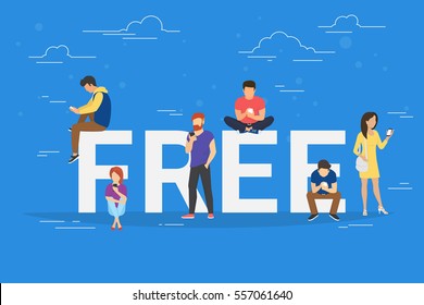 Free commercial offers concept illustration of young people using smartphones for online purchasing goods with discount and sale coupons. Flat design of guys and women near big letters