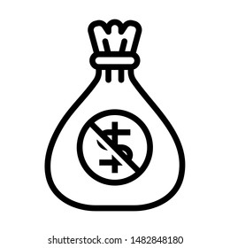 Free cost icon. Money bag with dollar money inside prohibition sign. Stroke outline style. Vector. Isolate on white background.