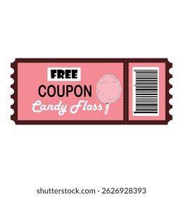 Free cotton candy coupon in retro style. With text and barcode. Isolated on transparent background. Cute pink coupon with cotton candy illustration. Party.