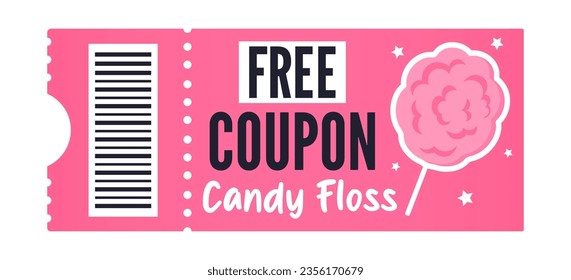 Free coupon candy floss isolated on white background. Cute pink coupon with cotton candy illustration.