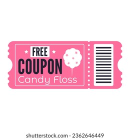 Free coupon candy floss isolated on white background. Cute pink coupon with cotton candy illustration.