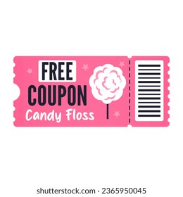 Free coupon candy floss isolated on white background. Cute pink coupon with white cotton candy illustration.