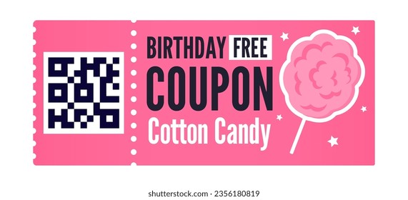 Free coupon cotton candy isolated on white background. Cute pink coupon with  candy floss illustration. Free birthday coupon.