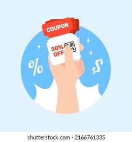 Free coupon online shop social media promotion design. Hand holding multiple voucher card vector illustration