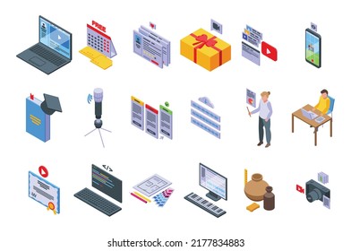 Free course icons set isometric vector. Virtual class. Computer distance