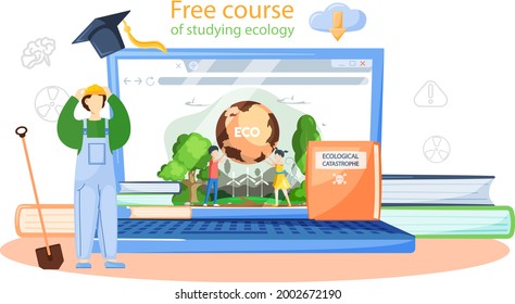 Free course of studying ecology banner. Ecologist scientist taking care of nature and study ecological environment with education platform. Ecological activist for protection of air, soil and water