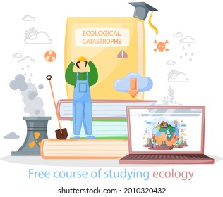 Free course of studying ecology banner. Ecologist scientist taking care of nature and study ecological environment with education platform. Ecological activist for protection of air, soil and water