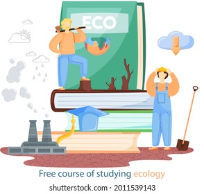 Free course of studying ecology banner. Ecologist scientist taking care of nature and study ecological environment with education platform. Ecological activist for protection of air, soil and water