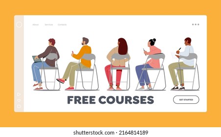 Free Courses Landing Page Template. Sitting People Rear View, Young Men and Women Characters Sit on Chairs in Row, Students Back View, University and College Scholars. Cartoon Vector Illustration