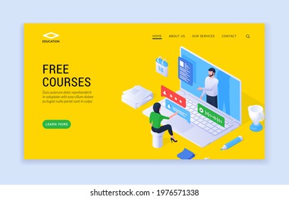 Free courses website banner template. Vector illustration of modern website design with isometric person studying online on source of free courses. Online education concept