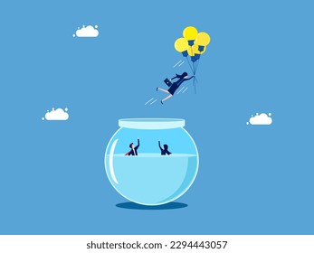 free with creativity. woman floating with light bulb balloon coming out of fish tank. business concept