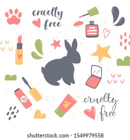Free cruelty cosmetics concept. Bunny with lettering. Vector illustration. 