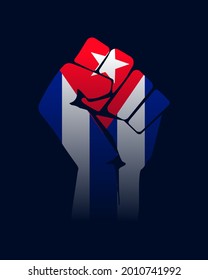 Free Cuba,  modern creative minimalist banner, design concept, social media post, template with resistance power fist with a cuban flag on a dark blue  background 