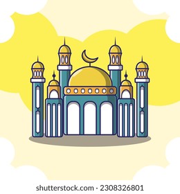 Free cute vector illustration of mosque with some color inside. can used in many ways, like flyer, banner, mock up, sticker and others.