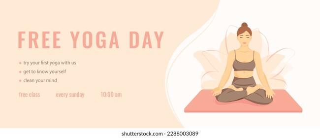 Free day of yoga banner with brown hair girl in lotus position