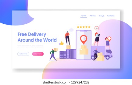 Free Delivery Around World Landing Page. Mobile App Smartphone Screen show Paper Box Stack with Geotag. Businessman Carry Cargo to Truck Website or Web Page Concept Flat Cartoon Vector Illustration