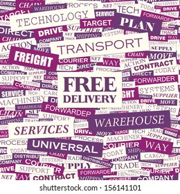 FREE DELIVERY. Background concept wordcloud illustration. Print concept word cloud. Graphic collage with related tags and terms. Vector illustration. 