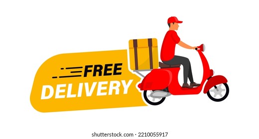 Free delivery. Banner with courier on a scooter delivers a package. Free shipping order. Fast delivery badge for advertisement. Express delivery with man on scooter. Vector illustration