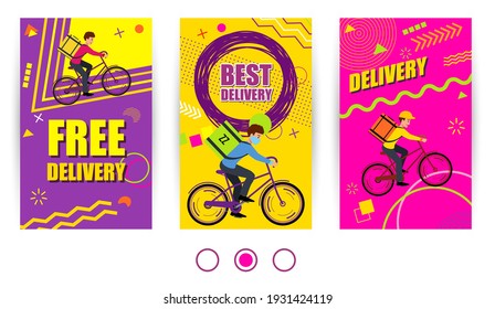 Free delivery and Best delivery text. Set Banner delivery with courier on bike. Modern design web banner for social media mobile apps. Bright promo backgrounds with abstract geometric elements.