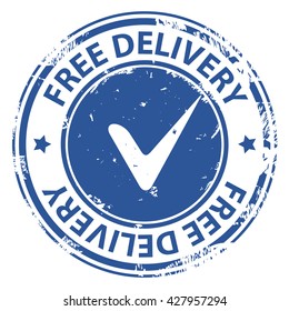 Free Delivery blue rubber stamp icon with tick symbol isolated on white background. Vector illustration