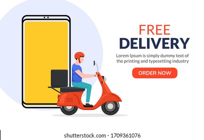 Free delivery boy phone service. Delivery man food or pizza motorcycle service, online order courier
