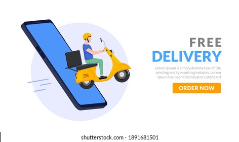 Free delivery boy phone service. Delivery man food or pizza motorcycle service, online order courier