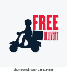 Free Delivery. Boy Ride Motor Scooter Silhouette. Food Delivery icon isolated. Vector illustration.